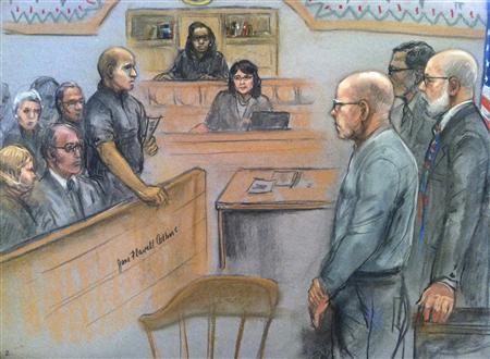 James ''Whitey'' Bulger (front, R) listens to the verdict in his murder and racketeering trial as seen in this courtroom drawing in Boston August 12, 2013. REUTERS/Jane Collins